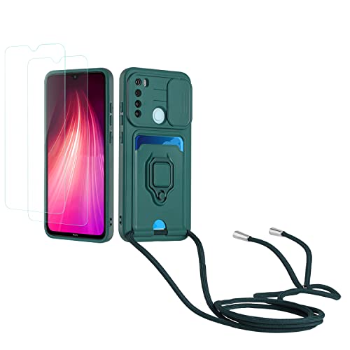 Kaslly Case für Redmi Note 8 Handykette Hülle+[2 Schutzfolie Glas],Slide kameraschutz,Silikon Handyhülle zum Umhängen Kette,Kartenfach-dunkelgrün von Kaslly
