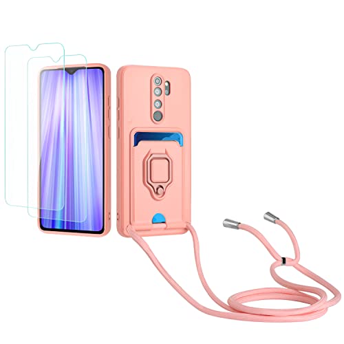 Kaslly Case für Redmi Note 8 Pro Handykette Hülle+[2 Schutzfolie Glas],Slide kameraschutz,Silikon Handyhülle zum Umhängen Kette,Kartenfach-Rosa von Kaslly