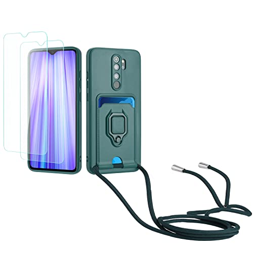 Kaslly Case für Redmi Note 8 Pro Handykette Hülle+[2 Schutzfolie Glas],Slide kameraschutz,Silikon Handyhülle zum Umhängen Kette,Kartenfach-dunkelgrün von Kaslly