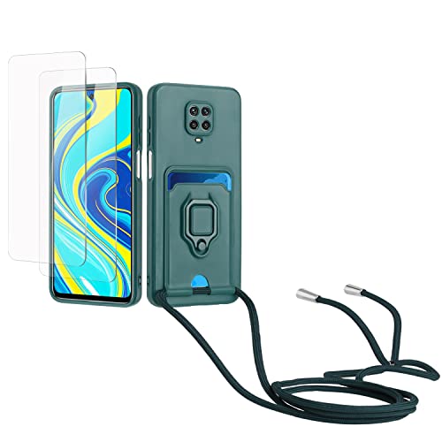 Kaslly Case für Redmi Note 9 Pro/Note 9 Pro Max/Note 9S Handykette Hülle+[2 Schutzfolie Glas],Slide kameraschutz,Silikon Handyhülle zum Umhängen Kette,Kartenfach-dunkelgrün von Kaslly