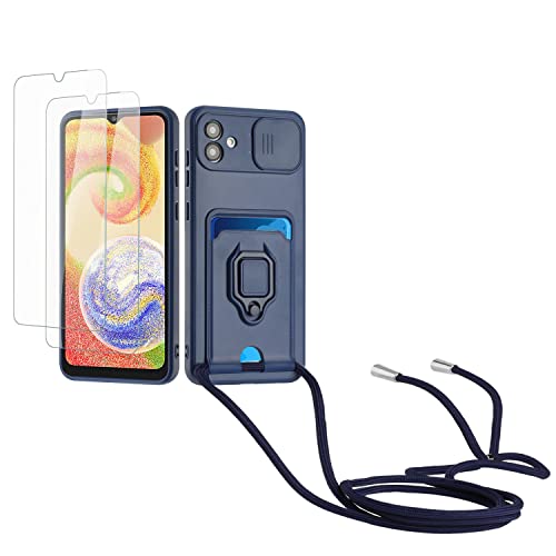 Kaslly Case für Samsung Galaxy A04/A04E Handykette Hülle+[2 Schutzfolie Glas],Slide kameraschutz,Silikon Handyhülle zum Umhängen Kette,Kartenfach-Navy blau von Kaslly