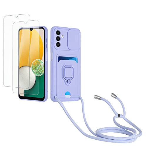 Kaslly Case für Samsung Galaxy A13 5G/A04S Handykette Hülle+[2 Schutzfolie Glas],Slide kameraschutz,Silikon Handyhülle zum Umhängen Kette,Kartenfach-Violett von Kaslly