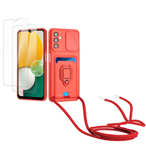 Kaslly Case für Samsung Galaxy A13 5G/A04S Handykette Hülle+[2 Schutzfolie Glas],Slide kameraschutz,Silikon Handyhülle zum Umhängen Kette,Kartenfach-rot von Kaslly