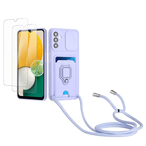 Kaslly Case für Samsung Galaxy A14 5G Handykette Hülle+[2 Schutzfolie Glas],Slide kameraschutz,Silikon Handyhülle zum Umhängen Kette,Kartenfach-Violett von Kaslly