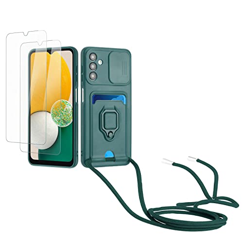 Kaslly Case für Samsung Galaxy A14 5G Handykette Hülle+[2 Schutzfolie Glas],Slide kameraschutz,Silikon Handyhülle zum Umhängen Kette,Kartenfach-dunkelgrün von Kaslly