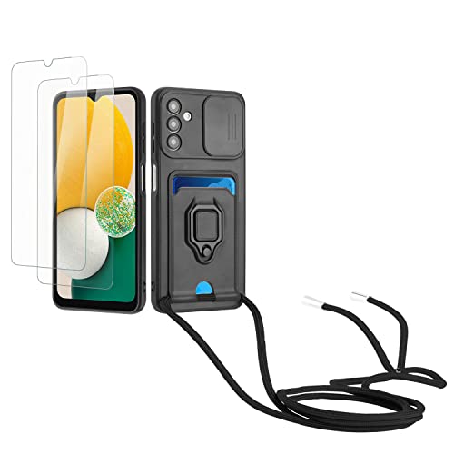 Kaslly Case für Samsung Galaxy A15 Handykette Hülle+[2 Schutzfolie Glas],Slide kameraschutz,Silikon Handyhülle zum Umhängen Kette,Kartenfach-Schwarz von Kaslly