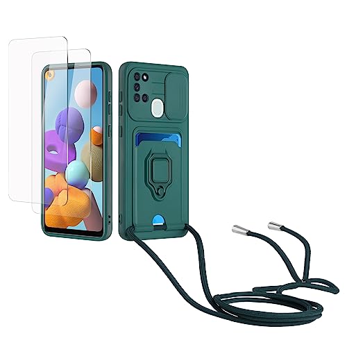 Kaslly Case für Samsung Galaxy A21S Handykette Hülle+[2 Schutzfolie Glas],Slide kameraschutz,Silikon Handyhülle zum Umhängen Kette,Kartenfach-dunkelgrün von Kaslly