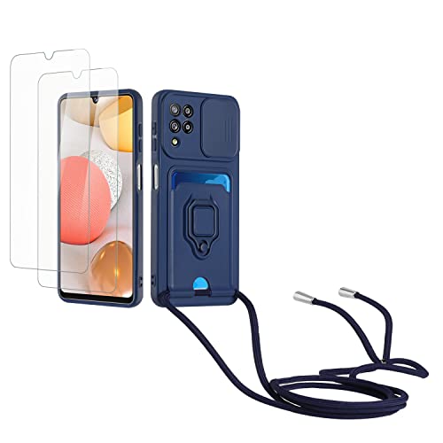 Kaslly Case für Samsung Galaxy A22 4G/M32 4G Handykette Hülle+[2 Schutzfolie Glas],Slide kameraschutz,Silikon Handyhülle zum Umhängen Kette,Kartenfach-Navy blau von Kaslly