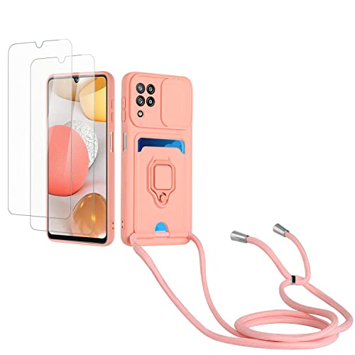 Kaslly Case für Samsung Galaxy A22 4G/M32 4G Handykette Hülle+[2 Schutzfolie Glas],Slide kameraschutz,Silikon Handyhülle zum Umhängen Kette,Kartenfach-Rosa von Kaslly