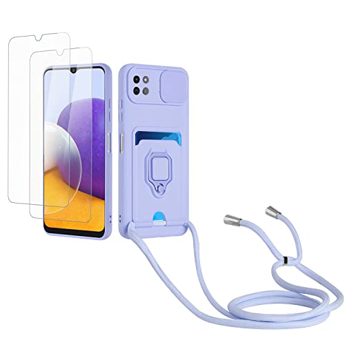 Kaslly Case für Samsung Galaxy A22 5G Handykette Hülle+[2 Schutzfolie Glas],Slide kameraschutz,Silikon Handyhülle zum Umhängen Kette,Kartenfach-Violett von Kaslly