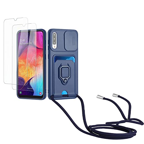 Kaslly Case für Samsung Galaxy A30S/A50S/A50 Handykette Hülle+[2 Schutzfolie Glas],Slide kameraschutz,Silikon Handyhülle zum Umhängen Kette,Kartenfach-Navy blau von Kaslly