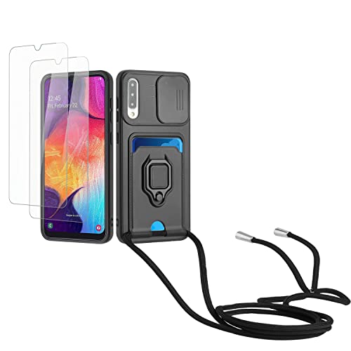 Kaslly Case für Samsung Galaxy A30S/A50S/A50 Handykette Hülle+[2 Schutzfolie Glas],Slide kameraschutz,Silikon Handyhülle zum Umhängen Kette,Kartenfach-Schwarz von Kaslly