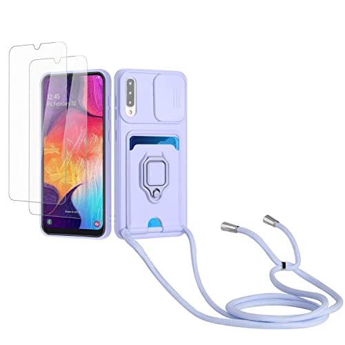 Kaslly Case für Samsung Galaxy A30S/A50S/A50 Handykette Hülle+[2 Schutzfolie Glas],Slide kameraschutz,Silikon Handyhülle zum Umhängen Kette,Kartenfach-Violett von Kaslly