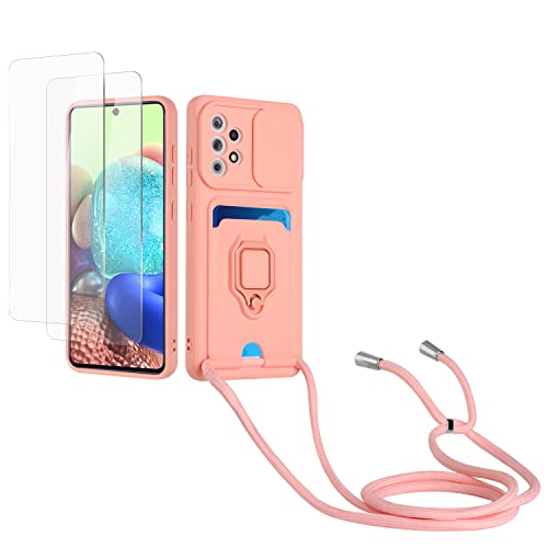 Kaslly Case für Samsung Galaxy A32 5G/M32 5G Handykette Hülle+[2 Schutzfolie Glas],Slide kameraschutz,Silikon Handyhülle zum Umhängen Kette,Kartenfach-Rosa von Kaslly