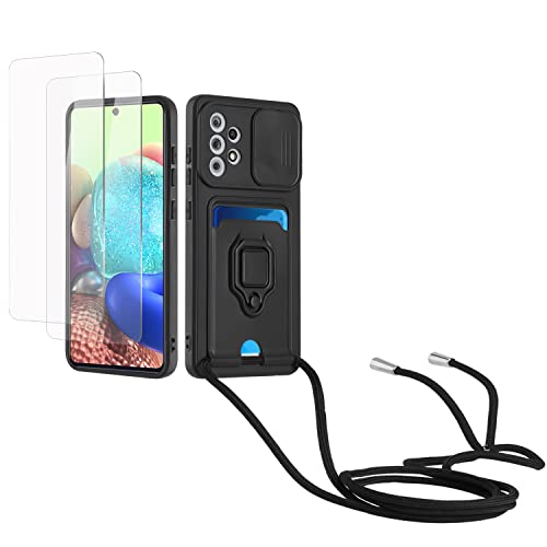 Kaslly Case für Samsung Galaxy A32 5G/M32 5G Handykette Hülle+[2 Schutzfolie Glas],Slide kameraschutz,Silikon Handyhülle zum Umhängen Kette,Kartenfach-Schwarz von Kaslly