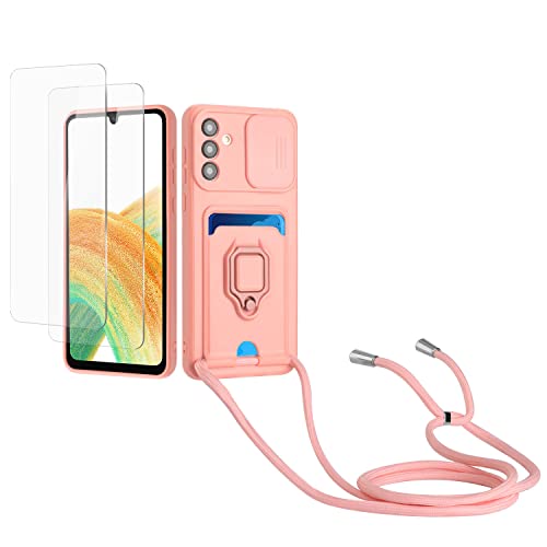 Kaslly Case für Samsung Galaxy A34 5G Handykette Hülle+[2 Schutzfolie Glas],Slide kameraschutz,Silikon Handyhülle zum Umhängen Kette,Kartenfach-Rosa von Kaslly