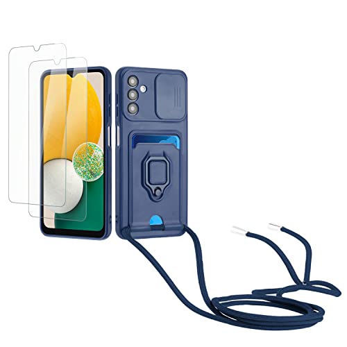 Kaslly Case für Samsung Galaxy A35 Handykette Hülle+[2 Schutzfolie Glas],Slide kameraschutz,Silikon Handyhülle zum Umhängen Kette,Kartenfach-Navy blau von Kaslly