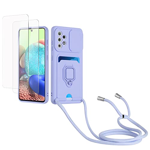 Kaslly Case für Samsung Galaxy A53 5G(2022) Handykette Hülle+[2 Schutzfolie Glas],Slide kameraschutz,Silikon Handyhülle zum Umhängen Kette,Kartenfach-Violett von Kaslly