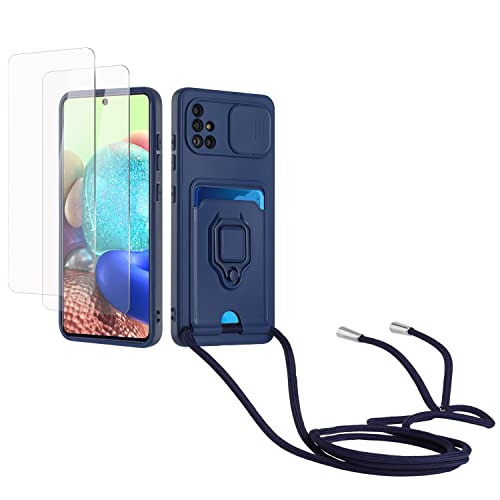 Kaslly Case für Samsung Galaxy A71 4G Handykette Hülle+[2 Schutzfolie Glas],Slide kameraschutz,Silikon Handyhülle zum Umhängen Kette,Kartenfach-Navy blau von Kaslly