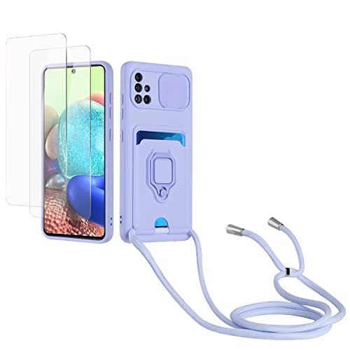 Kaslly Case für Samsung Galaxy A71 4G Handykette Hülle+[2 Schutzfolie Glas],Slide kameraschutz,Silikon Handyhülle zum Umhängen Kette,Kartenfach-Violett von Kaslly