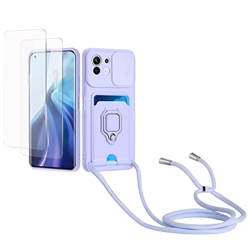Kaslly Case für Xiaomi Mi 11 Lite 4G/5G/Mi 11 Lite 5G NE Handykette Hülle+[2 Schutzfolie Glas],Slide kameraschutz,Silikon Handyhülle zum Umhängen Kette,Kartenfach-Violett von Kaslly