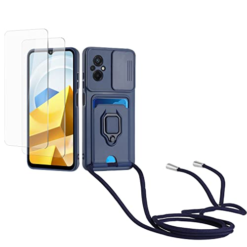 Kaslly Case für Xiaomi Poco M5 Handykette Hülle+[2 Schutzfolie Glas],Slide kameraschutz,Silikon Handyhülle zum Umhängen Kette,Kartenfach-Navy blau von Kaslly