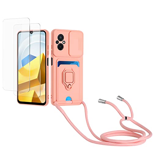 Kaslly Case für Xiaomi Poco M5 Handykette Hülle+[2 Schutzfolie Glas],Slide kameraschutz,Silikon Handyhülle zum Umhängen Kette,Kartenfach-Rosa von Kaslly
