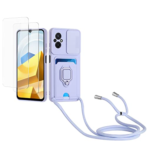 Kaslly Case für Xiaomi Poco M5 Handykette Hülle+[2 Schutzfolie Glas],Slide kameraschutz,Silikon Handyhülle zum Umhängen Kette,Kartenfach-Violett von Kaslly