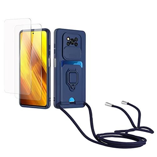 Kaslly Case für Xiaomi Poco X3/X3 Pro/X3 NFC Handykette Hülle+[2 Schutzfolie Glas],Slide kameraschutz,Silikon Handyhülle zum Umhängen Kette,Kartenfach-Navy blau von Kaslly
