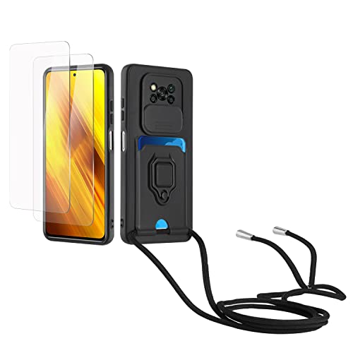 Kaslly Case für Xiaomi Poco X3/X3 Pro/X3 NFC Handykette Hülle+[2 Schutzfolie Glas],Slide kameraschutz,Silikon Handyhülle zum Umhängen Kette,Kartenfach-Schwarz von Kaslly