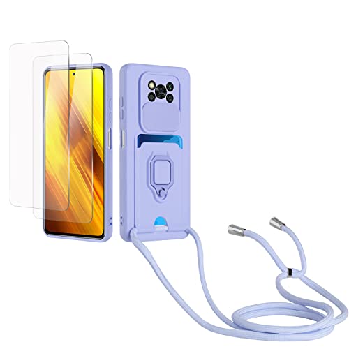 Kaslly Case für Xiaomi Poco X3/X3 Pro/X3 NFC Handykette Hülle+[2 Schutzfolie Glas],Slide kameraschutz,Silikon Handyhülle zum Umhängen Kette,Kartenfach-Violett von Kaslly