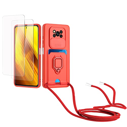 Kaslly Case für Xiaomi Poco X3/X3 Pro/X3 NFC Handykette Hülle+[2 Schutzfolie Glas],Slide kameraschutz,Silikon Handyhülle zum Umhängen Kette,Kartenfach-rot von Kaslly