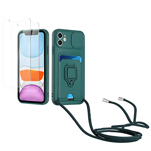 Kaslly Case für iPhone 11 Handykette Hülle+[2 Schutzfolie Glas],Slide kameraschutz,Silikon Handyhülle zum Umhängen Kette,Kartenfach-dunkelgrün von Kaslly