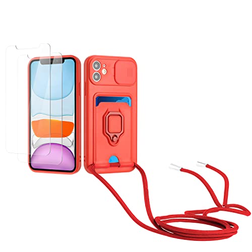 Kaslly Case für iPhone 11 Handykette Hülle+[2 Schutzfolie Glas],Slide kameraschutz,Silikon Handyhülle zum Umhängen Kette,Kartenfach-rot von Kaslly