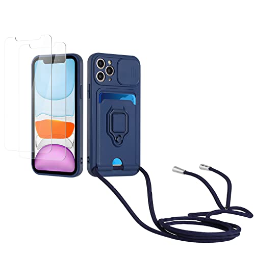 Kaslly Case für iPhone 11 Pro Handykette Hülle+[2 Schutzfolie Glas],Slide kameraschutz,Silikon Handyhülle zum Umhängen Kette,Kartenfach-Navy blau von Kaslly