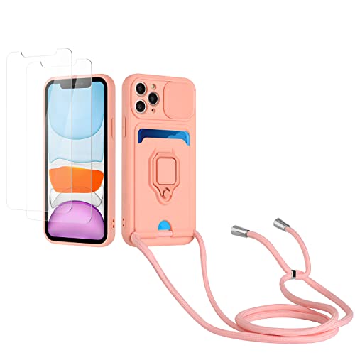 Kaslly Case für iPhone 11 Pro Handykette Hülle+[2 Schutzfolie Glas],Slide kameraschutz,Silikon Handyhülle zum Umhängen Kette,Kartenfach-Rosa von Kaslly