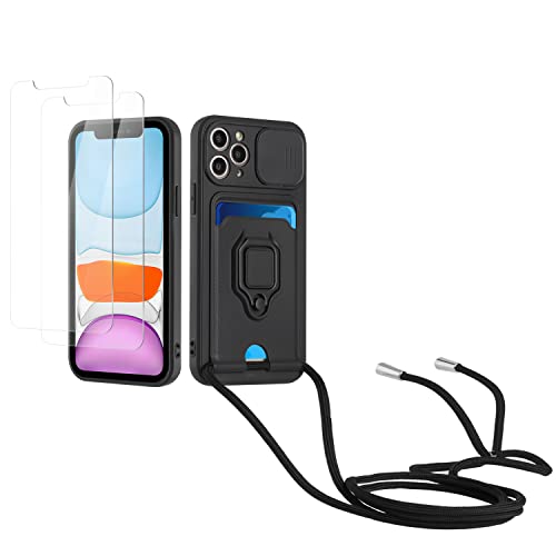 Kaslly Case für iPhone 11 Pro Handykette Hülle+[2 Schutzfolie Glas],Slide kameraschutz,Silikon Handyhülle zum Umhängen Kette,Kartenfach-Schwarz von Kaslly