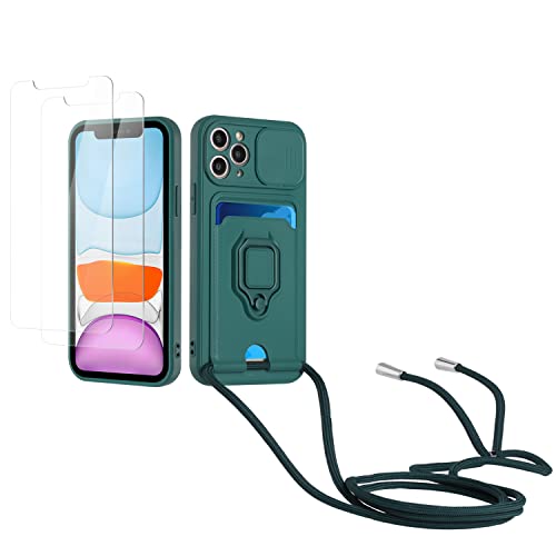 Kaslly Case für iPhone 11 Pro Handykette Hülle+[2 Schutzfolie Glas],Slide kameraschutz,Silikon Handyhülle zum Umhängen Kette,Kartenfach-dunkelgrün von Kaslly