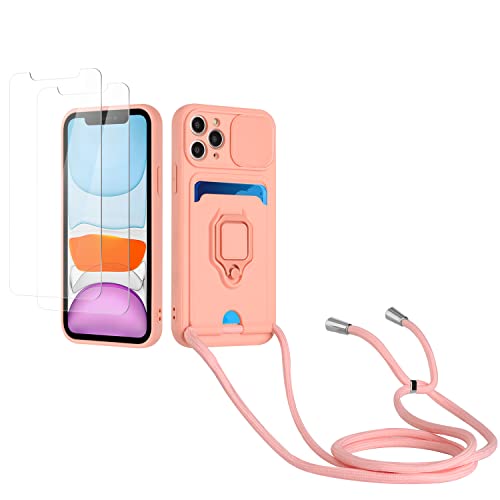 Kaslly Case für iPhone 11 Pro Max Handykette Hülle+[2 Schutzfolie Glas],Slide kameraschutz,Silikon Handyhülle zum Umhängen Kette,Kartenfach-Rosa von Kaslly