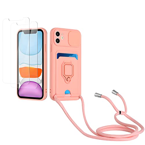 Kaslly Case für iPhone 12/iPhone 12 Pro Handykette Hülle+[2 Schutzfolie Glas],Slide kameraschutz,Silikon Handyhülle zum Umhängen Kette,Kartenfach-Rosa von Kaslly