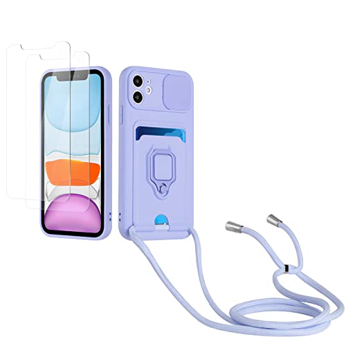 Kaslly Case für iPhone 12/iPhone 12 Pro Handykette Hülle+[2 Schutzfolie Glas],Slide kameraschutz,Silikon Handyhülle zum Umhängen Kette,Kartenfach-Violett von Kaslly