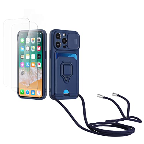 Kaslly Case für iPhone 13 Pro Handykette Hülle+[2 Schutzfolie Glas],Slide kameraschutz,Silikon Handyhülle zum Umhängen Kette,Kartenfach-Navy blau von Kaslly