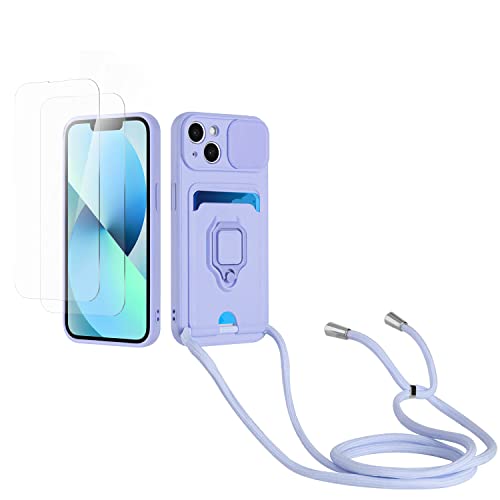 Kaslly Case für iPhone 13 Pro Handykette Hülle+[2 Schutzfolie Glas],Slide kameraschutz,Silikon Handyhülle zum Umhängen Kette,Kartenfach-Violett von Kaslly