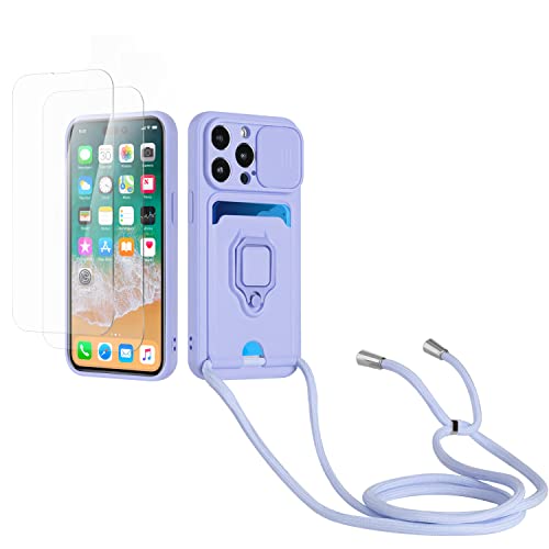 Kaslly Case für iPhone 13 Pro Max Handykette Hülle+[2 Schutzfolie Glas],Slide kameraschutz,Silikon Handyhülle zum Umhängen Kette,Kartenfach-Violett von Kaslly