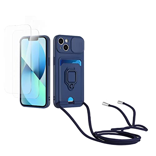 Kaslly Case für iPhone 14 Handykette Hülle+[2 Schutzfolie Glas],Slide kameraschutz,Silikon Handyhülle zum Umhängen Kette,Kartenfach-Navy blau von Kaslly