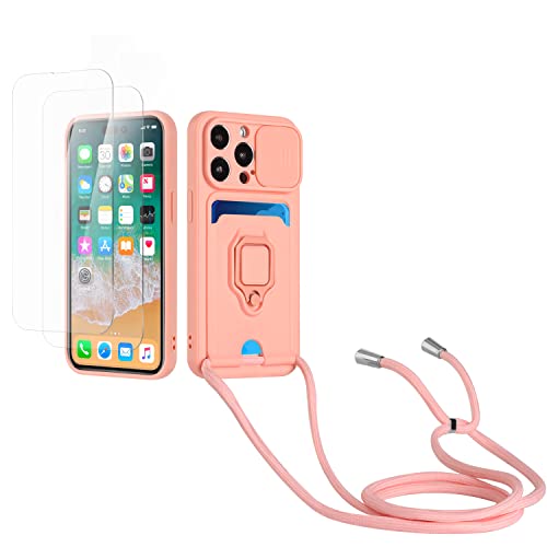 Kaslly Case für iPhone 14 Pro Handykette Hülle+[2 Schutzfolie Glas],Slide kameraschutz,Silikon Handyhülle zum Umhängen Kette,Kartenfach-Rosa von Kaslly