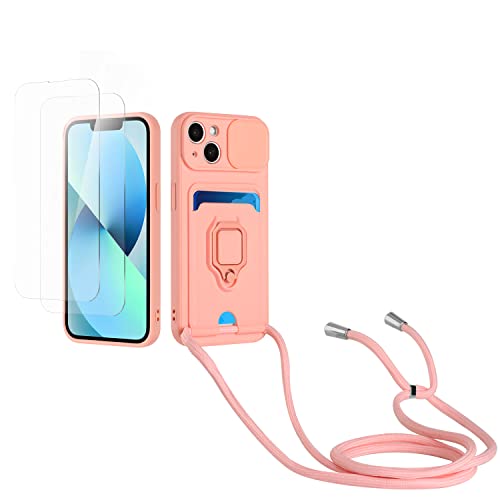 Kaslly Case für iPhone 15 Handykette Hülle+[2 Schutzfolie Glas],Slide kameraschutz,Silikon Handyhülle zum Umhängen Kette,Kartenfach-Rosa von Kaslly