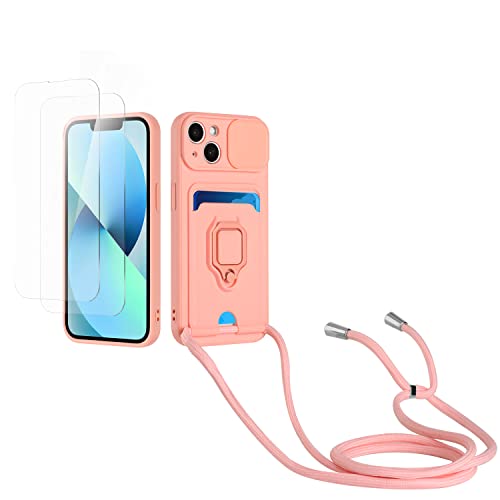 Kaslly Case für iPhone 15 Plus Handykette Hülle+[2 Schutzfolie Glas],Slide kameraschutz,Silikon Handyhülle zum Umhängen Kette,Kartenfach-Rosa von Kaslly