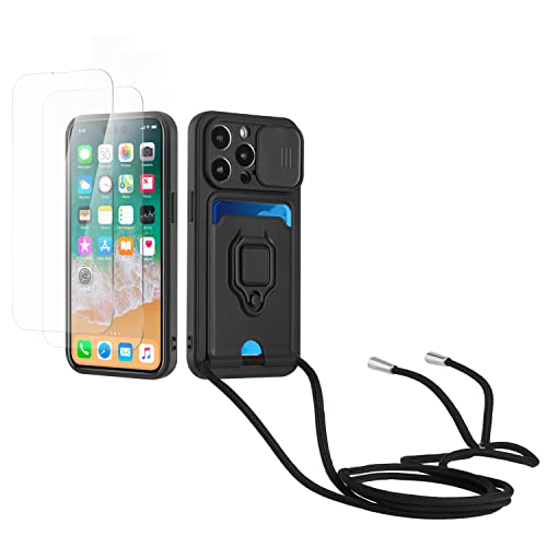 Kaslly Case für iPhone 15 Pro Handykette Hülle+[2 Schutzfolie Glas],Slide kameraschutz,Silikon Handyhülle zum Umhängen Kette,Kartenfach-Schwarz von Kaslly
