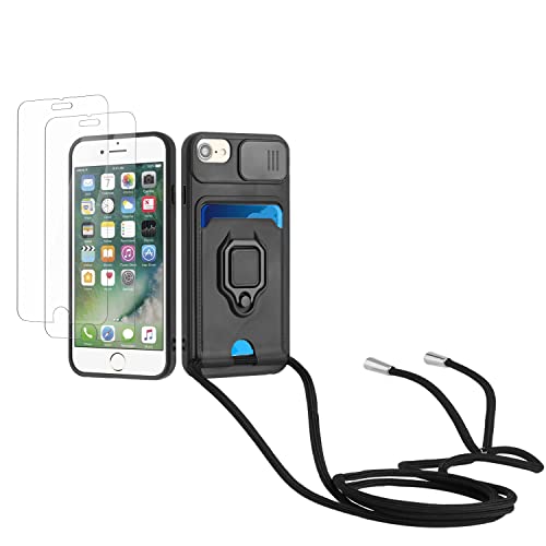 Kaslly Case für iPhone 6/6S/7/8/SE 2020 Handykette Hülle+[2 Schutzfolie Glas],Slide kameraschutz,Silikon Handyhülle zum Umhängen Kette,Kartenfach-Schwarz von Kaslly